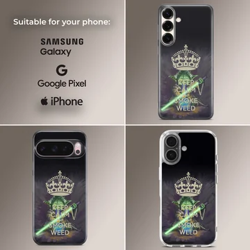 Cartoon weed sci-fi character holding a glowing green lightsaber phone case — Collage