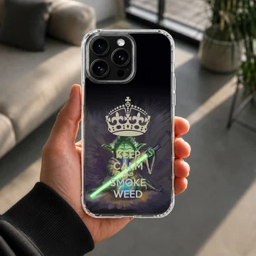 Cartoon weed sci-fi character holding a glowing green lightsaber phone case — Lifestyle