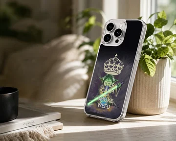 Cartoon weed sci-fi character holding a glowing green lightsaber phone case — Lifestyle