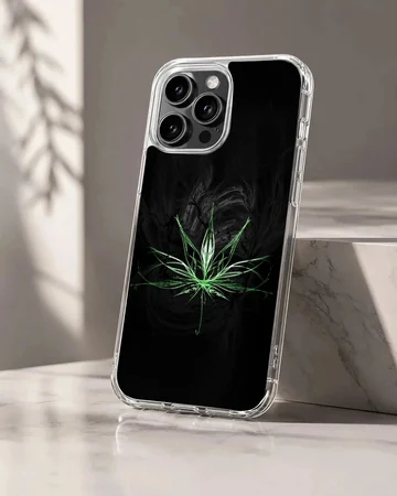 Glow effect neon green cartoon weed leaf graphic on a black background phone case