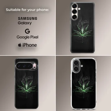 Glow effect neon green cartoon weed leaf graphic on a black background phone case — Collage