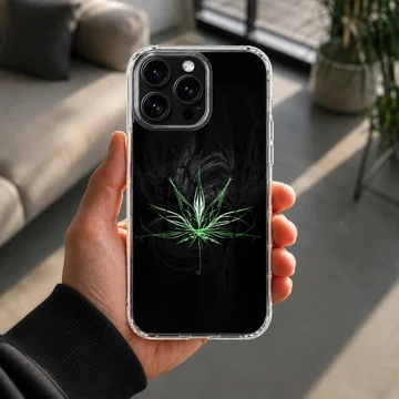 Glow effect neon green cartoon weed leaf graphic on a black background phone case — Lifestyle