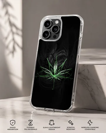 Glow effect neon green cartoon weed leaf graphic on a black background phone case — Specs
