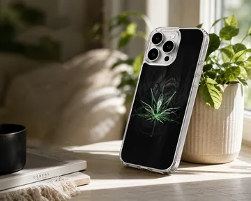 Glow effect neon green cartoon weed leaf graphic on a black background phone case — Lifestyle