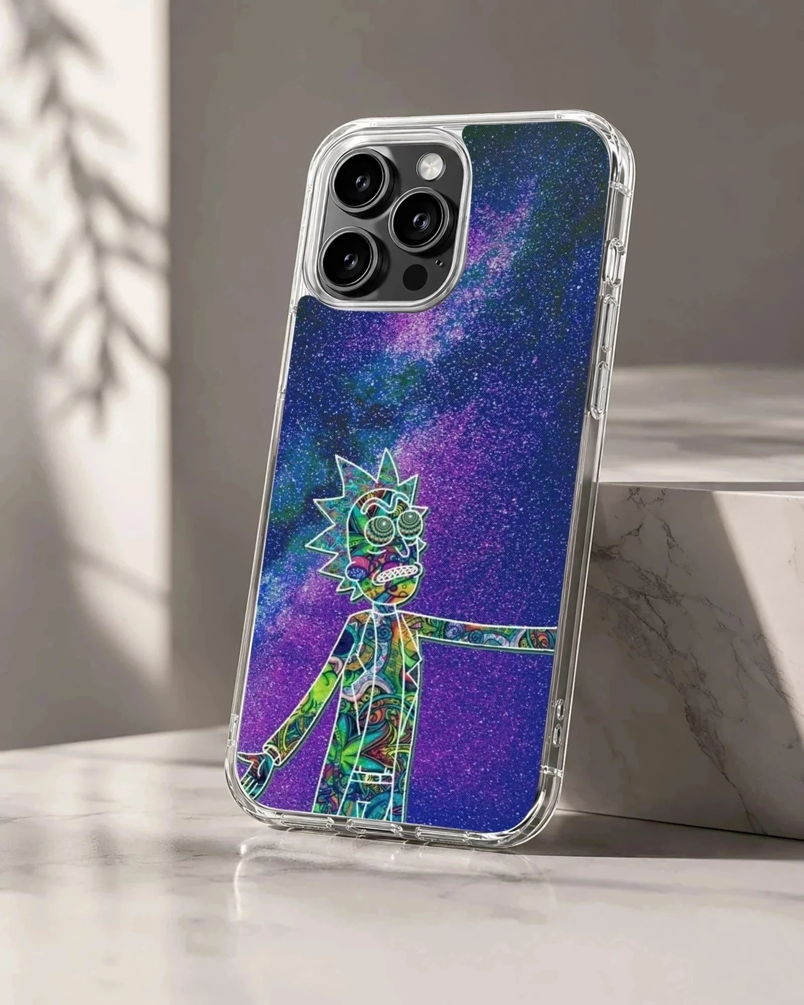 A soft TPU snap phone case featuring a cosmic character filled with vibrant patterns against a starry galaxy background phone case