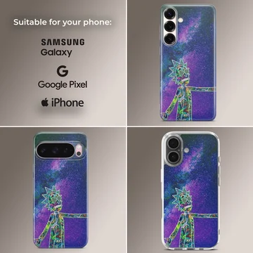 A soft TPU snap phone case featuring a cosmic character filled with vibrant patterns against a starry galaxy background phone case — Collage