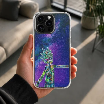 A soft TPU snap phone case featuring a cosmic character filled with vibrant patterns against a starry galaxy background phone case — Lifestyle