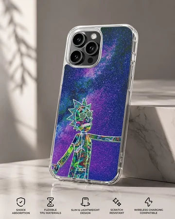A soft TPU snap phone case featuring a cosmic character filled with vibrant patterns against a starry galaxy background phone case — Specs