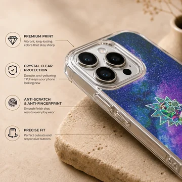 A soft TPU snap phone case featuring a cosmic character filled with vibrant patterns against a starry galaxy background phone case — Info