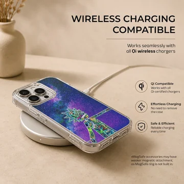 A soft TPU snap phone case featuring a cosmic character filled with vibrant patterns against a starry galaxy background phone case — Charging