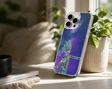 A soft TPU snap phone case featuring a cosmic character filled with vibrant patterns against a starry galaxy background phone case — Lifestyle