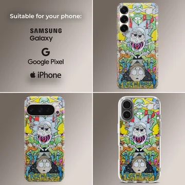 Colorful cartoon multiverse illustration featuring psychedelic animated characters on a phone case — Collage