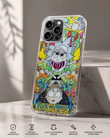 Colorful cartoon multiverse illustration featuring psychedelic animated characters on a phone case — Specs