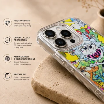Colorful cartoon multiverse illustration featuring psychedelic animated characters on a phone case — Info