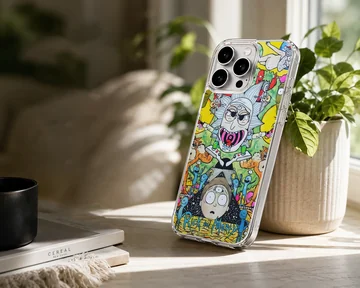 Colorful cartoon multiverse illustration featuring psychedelic animated characters on a phone case — Lifestyle