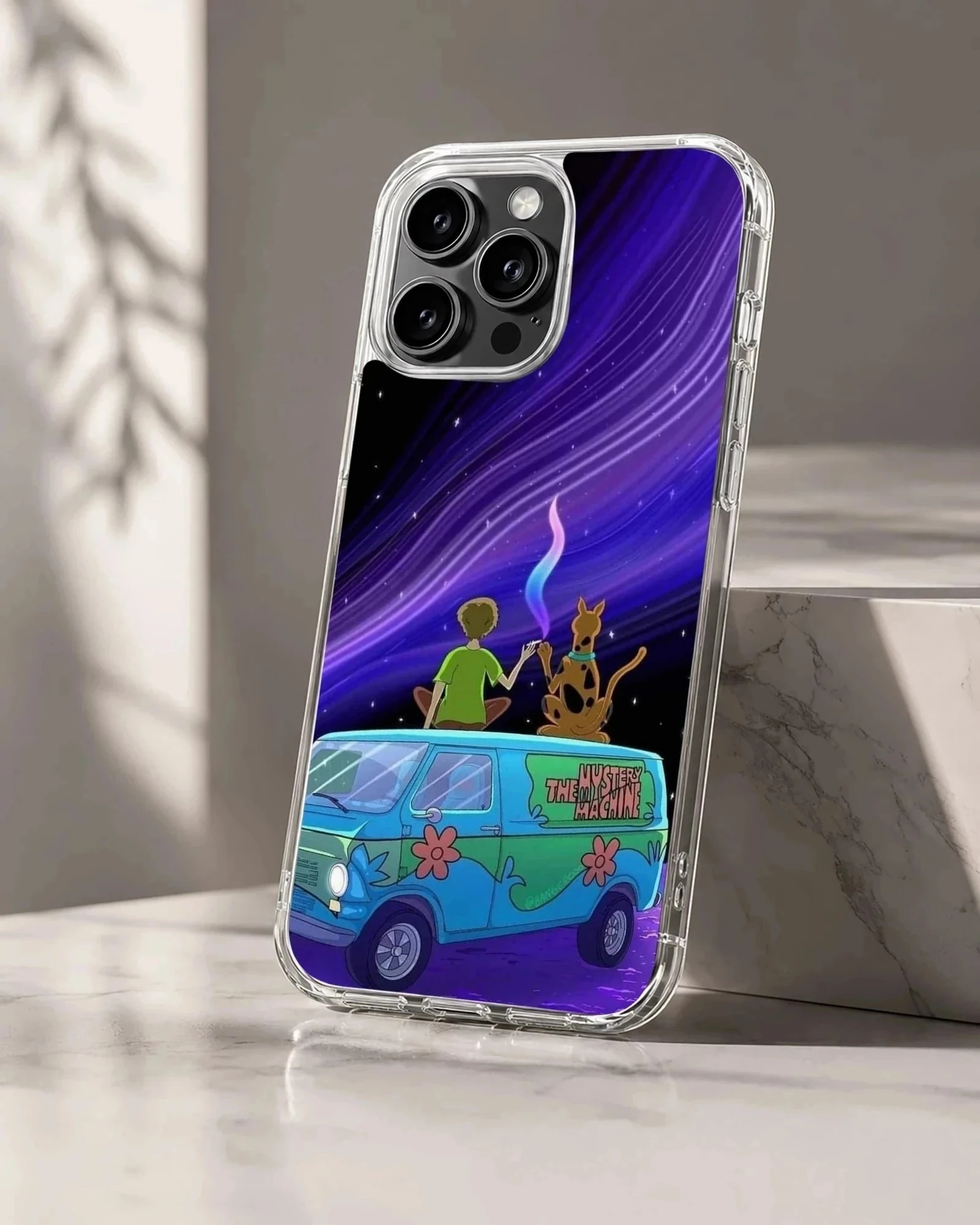 Cartoon characters and spotted van under a purple starry night sky printed on a snap case phone case