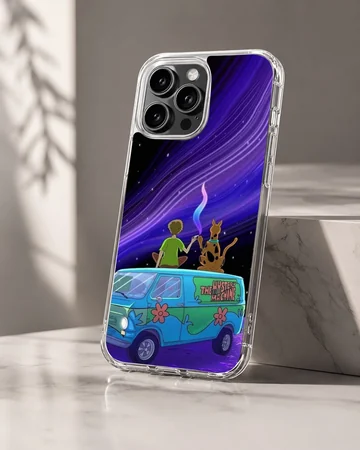 Cartoon characters and spotted van under a purple starry night sky printed on a snap case phone case — Hero