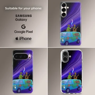 Cartoon characters and spotted van under a purple starry night sky printed on a snap case phone case — Collage