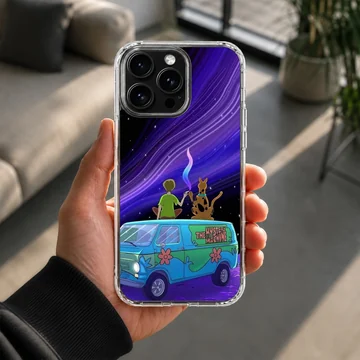 Cartoon characters and spotted van under a purple starry night sky printed on a snap case phone case — Lifestyle