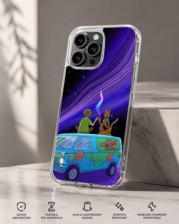 Cartoon characters and spotted van under a purple starry night sky printed on a snap case phone case — Specs
