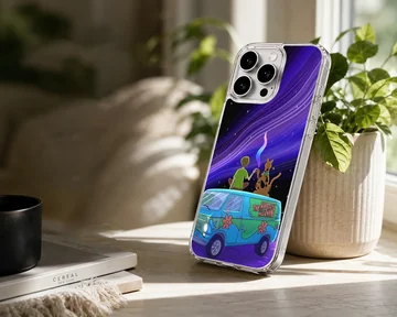 Cartoon characters and spotted van under a purple starry night sky printed on a snap case phone case — Lifestyle