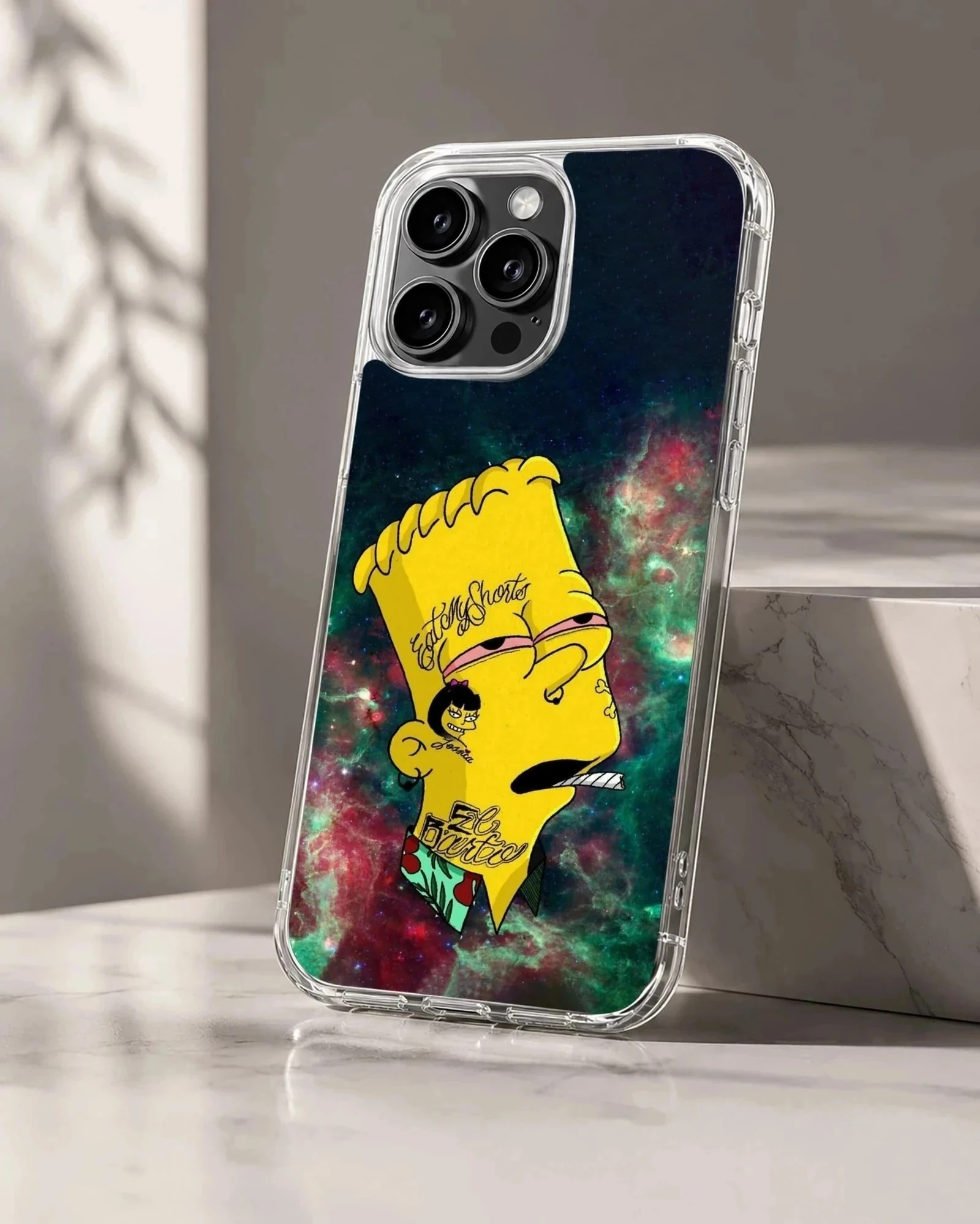 Cartoon character with face tattoos against a green and red nebula background on a phone case