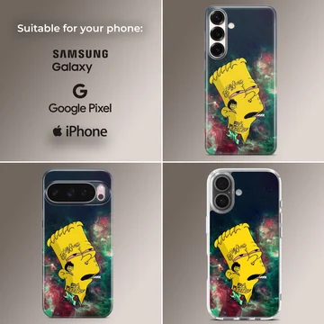 Cartoon character with face tattoos against a green and red nebula background on a phone case — Collage