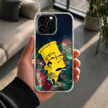 Cartoon character with face tattoos against a green and red nebula background on a phone case — Lifestyle