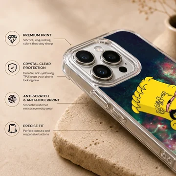 Cartoon character with face tattoos against a green and red nebula background on a phone case — Info