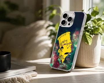 Cartoon character with face tattoos against a green and red nebula background on a phone case — Lifestyle