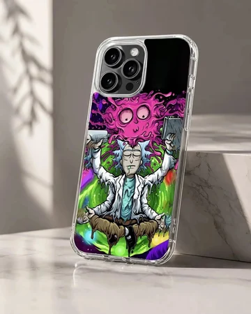 Psychedelic cartoon scientist meditating amidst vibrant green slime and purple cosmic energy phone case