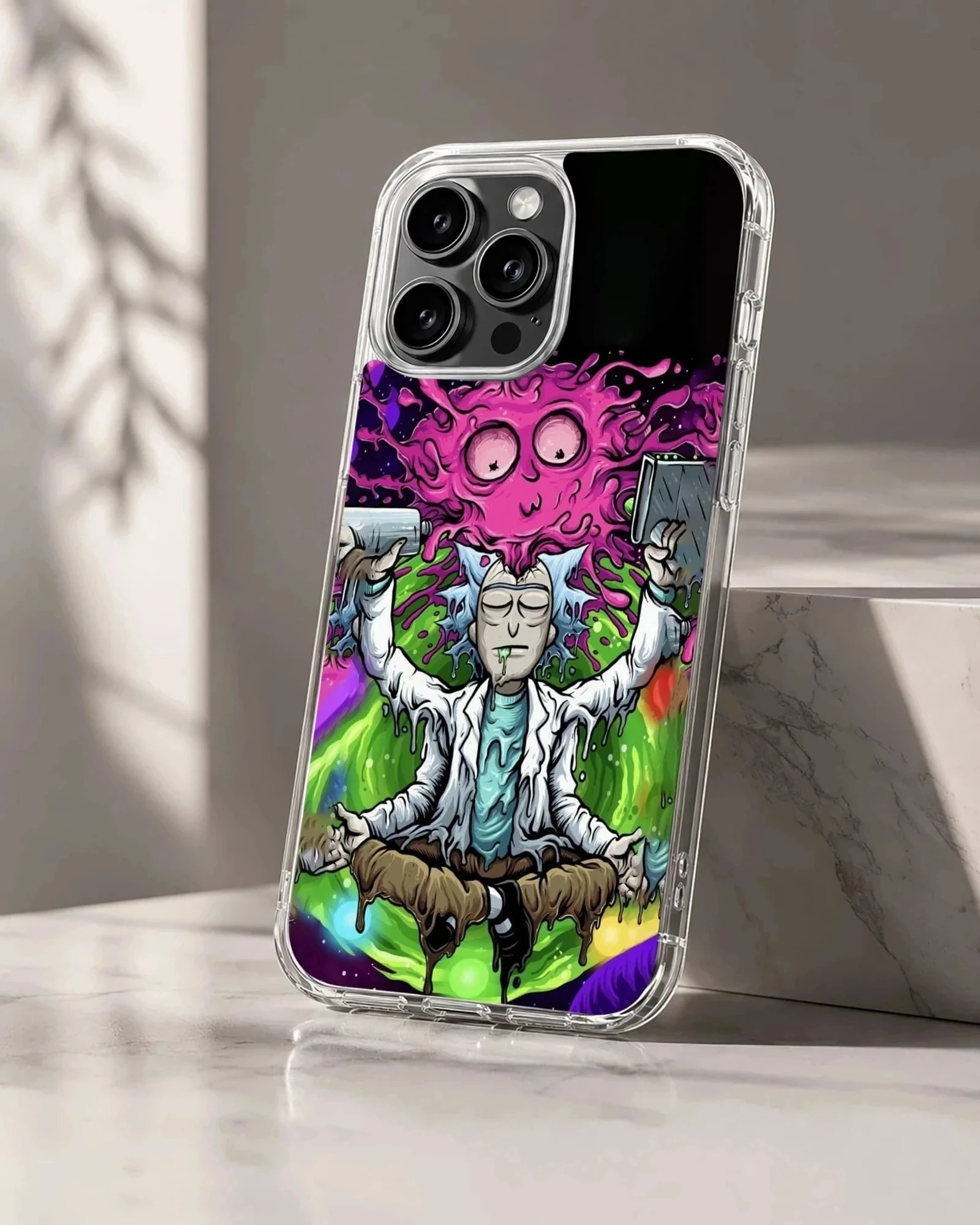 Psychedelic cartoon scientist meditating amidst vibrant green slime and purple cosmic energy phone case