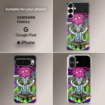 Psychedelic cartoon scientist meditating amidst vibrant green slime and purple cosmic energy phone case — Collage