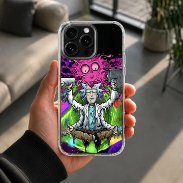 Psychedelic cartoon scientist meditating amidst vibrant green slime and purple cosmic energy phone case — Lifestyle