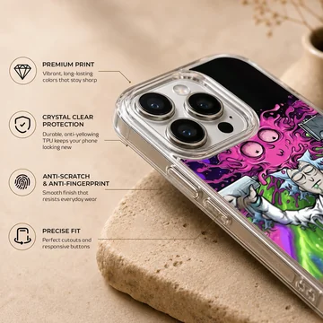 Psychedelic cartoon scientist meditating amidst vibrant green slime and purple cosmic energy phone case — Info