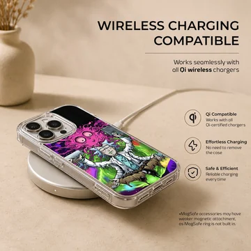 Psychedelic cartoon scientist meditating amidst vibrant green slime and purple cosmic energy phone case — Charging