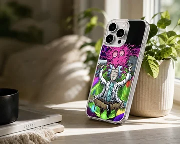 Psychedelic cartoon scientist meditating amidst vibrant green slime and purple cosmic energy phone case — Lifestyle