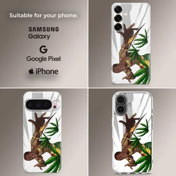 Digital illustration of an energetic cartoon character surrounded by green weed leaves on a phone case — Collage