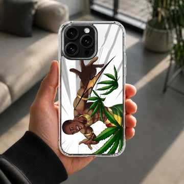 Digital illustration of an energetic cartoon character surrounded by green weed leaves on a phone case — Lifestyle