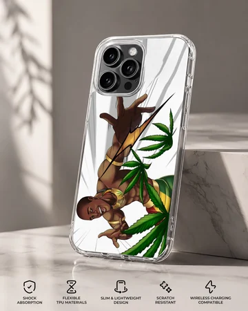 Digital illustration of an energetic cartoon character surrounded by green weed leaves on a phone case — Specs