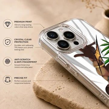 Digital illustration of an energetic cartoon character surrounded by green weed leaves on a phone case — Info
