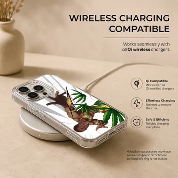 Digital illustration of an energetic cartoon character surrounded by green weed leaves on a phone case — Charging