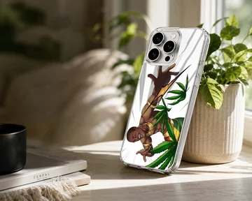 Digital illustration of an energetic cartoon character surrounded by green weed leaves on a phone case — Lifestyle