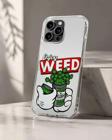 Cartoon weed graphic art featuring gloved hands opening a jar on a phone case
