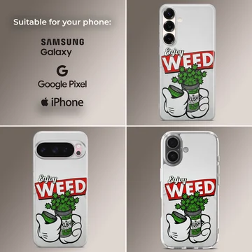 Cartoon weed graphic art featuring gloved hands opening a jar on a phone case — Collage