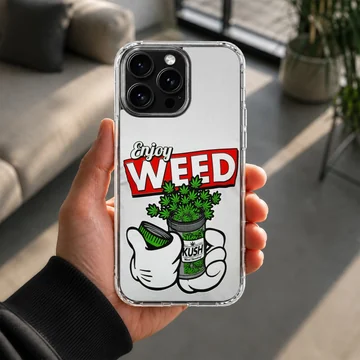 Cartoon weed graphic art featuring gloved hands opening a jar on a phone case — Lifestyle