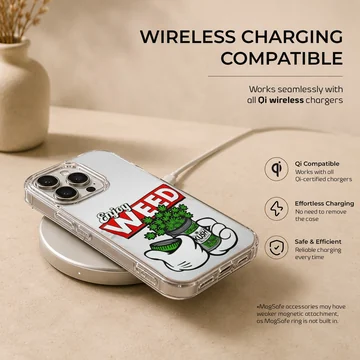 Cartoon weed graphic art featuring gloved hands opening a jar on a phone case — Charging