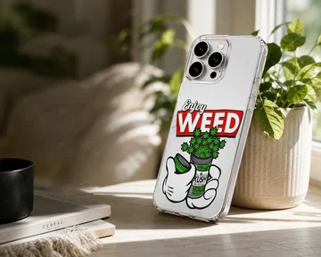 Cartoon weed graphic art featuring gloved hands opening a jar on a phone case — Lifestyle