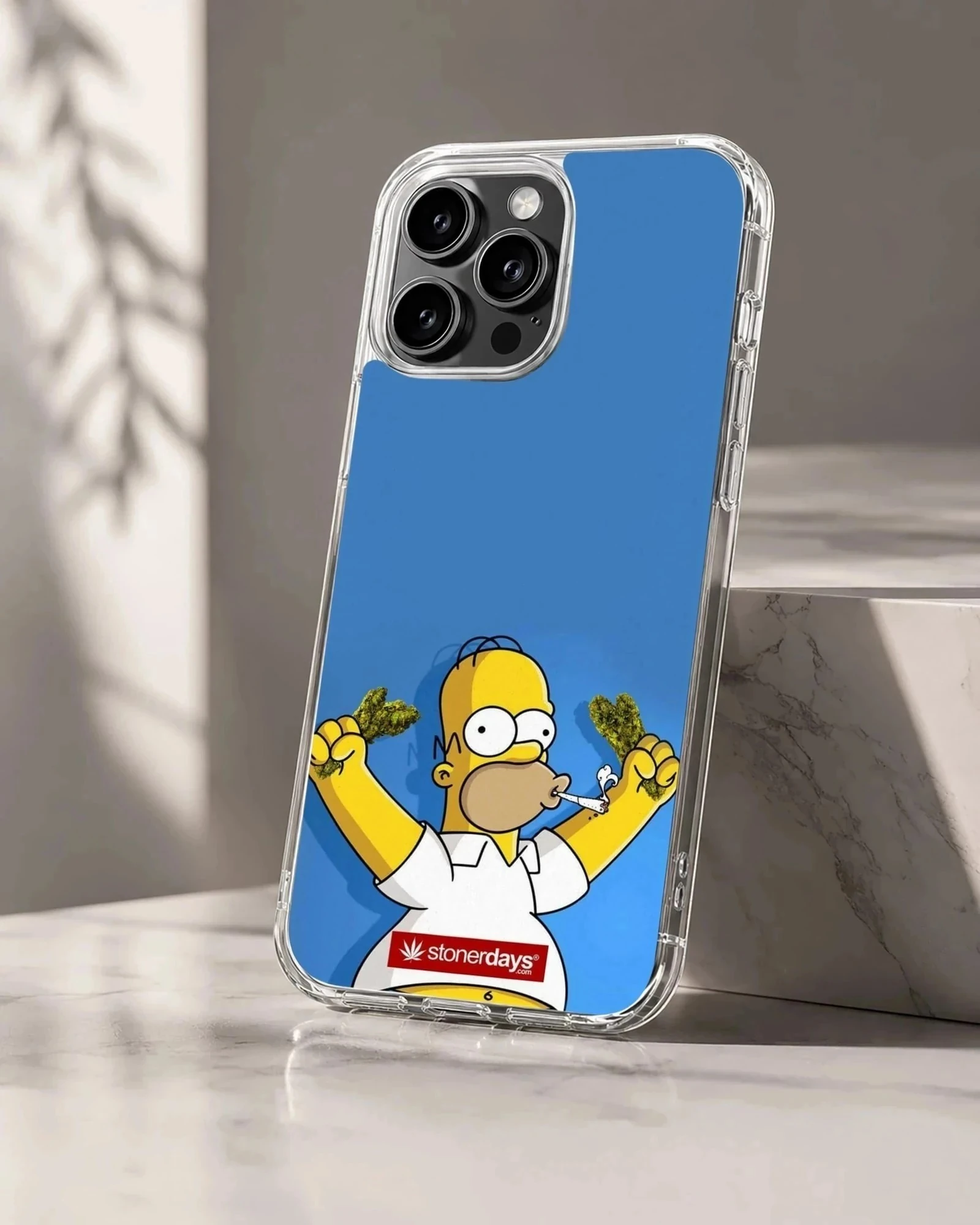 Animated yellow cartoon character holding green buds against a bright blue background phone case