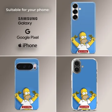 Animated yellow cartoon character holding green buds against a bright blue background phone case — Collage